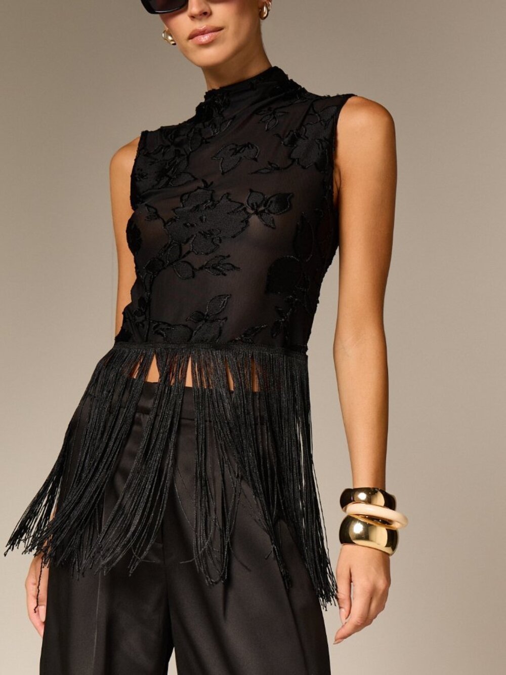 Black Party Women's Sheer Cami Top With Fringe Hem Sleeveless High Neck Top